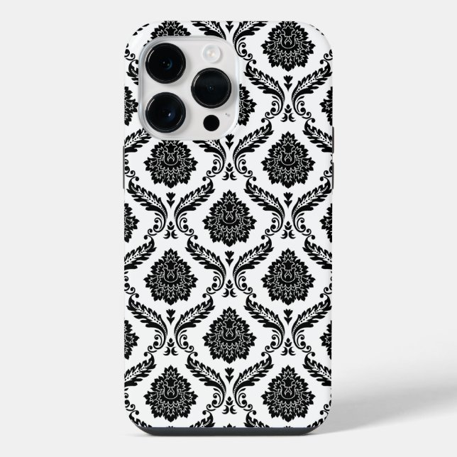 Funda Para iPhone Patrón de damasco rococó negro sobre blanco (Reverso )