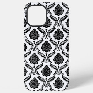 Funda Para iPhone 12 Pro Max Patrón de damasco rococó negro sobre blanco