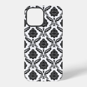 Funda Para iPhone 12 Pro Patrón de Damasco Rococó Negro sobre Blanco