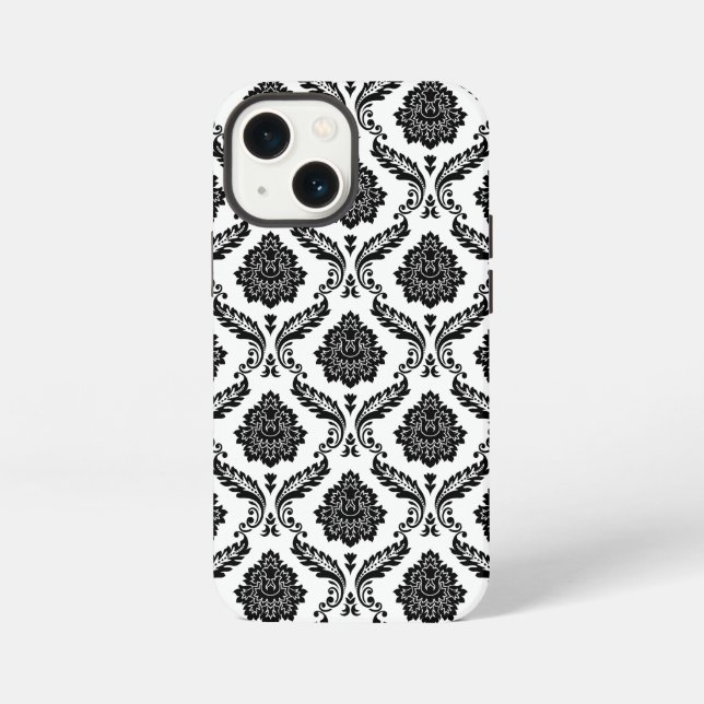 Funda Para iPhone Patrón de damasco rococó negro sobre blanco (Reverso )