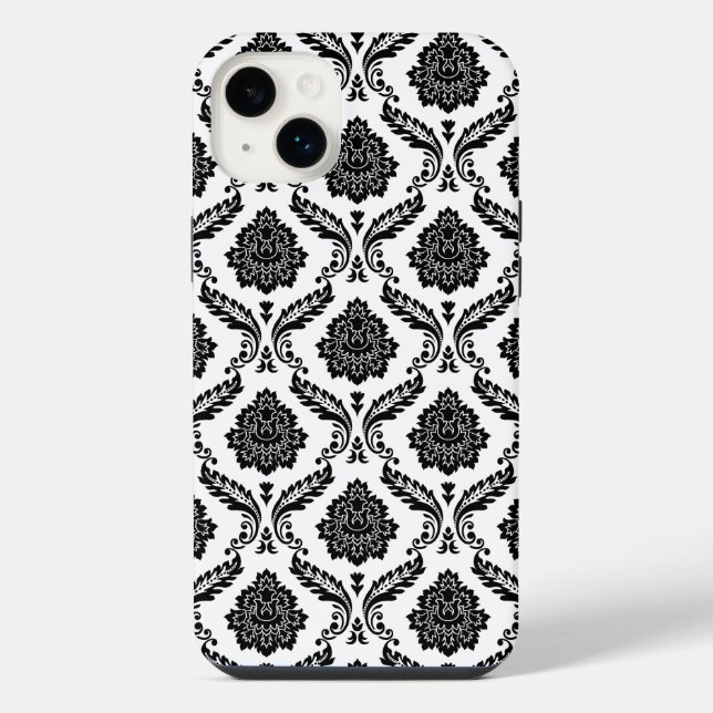 Funda Para iPhone Patrón de Damasco Rococó Negro sobre Blanco (Reverso)