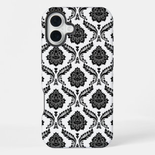 Funda Para iPhone 16 Plus Patrón de damasco rococó negro sobre blanco