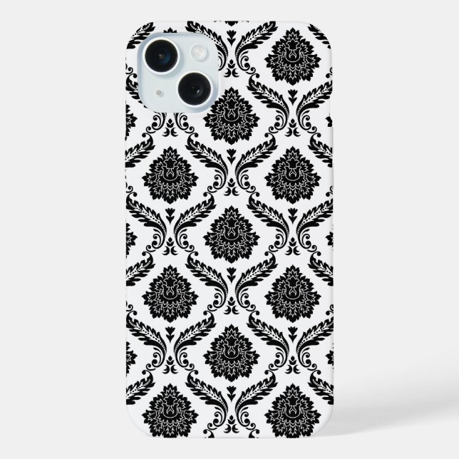 Funda Para iPhone Patrón de damasco rococó negro sobre blanco (Reverso )
