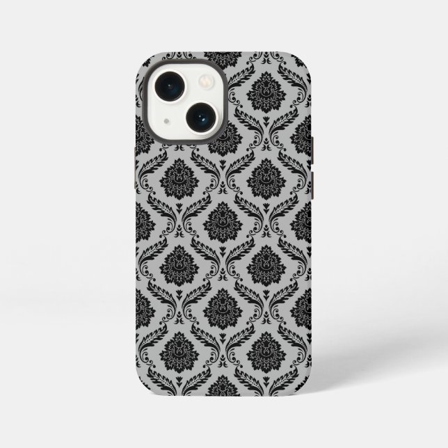 Funda Para iPhone Patrón de Damasco Rococó Negro sobre Gris (Reverso )