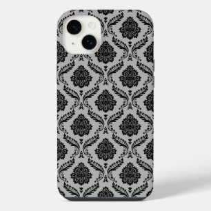 Funda Para iPhone 14 Plus Patrón de Damasco Rococó Negro sobre Gris