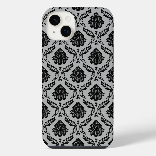 Funda Para iPhone Patrón de Damasco Rococó Negro sobre Gris (Reverso)