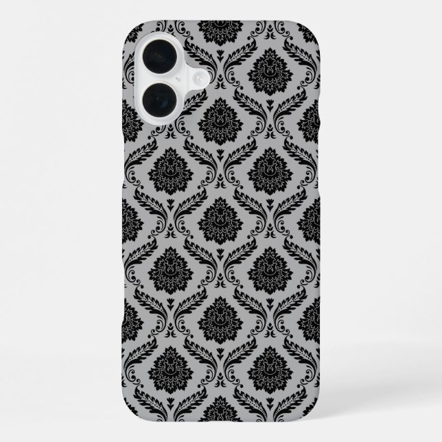 Funda Para iPhone Patrón de Damasco Rococó Negro sobre Gris (Reverso )