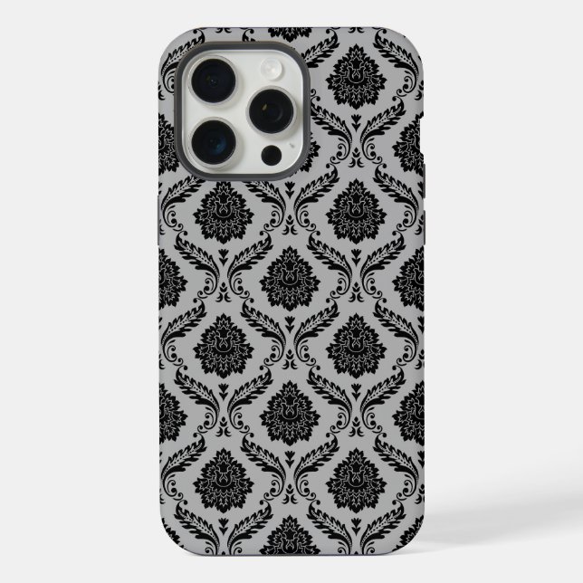 Funda Para iPhone Patrón de Damasco Rococó Negro sobre Gris (Reverso )