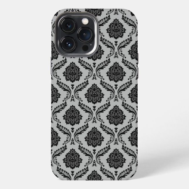 Funda Para iPhone Patrón de Damasco Rococó Negro sobre Gris (Reverso )