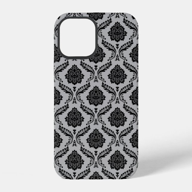 Funda Para iPhone Patrón de Damasco Rococó Negro sobre Gris (Reverso )