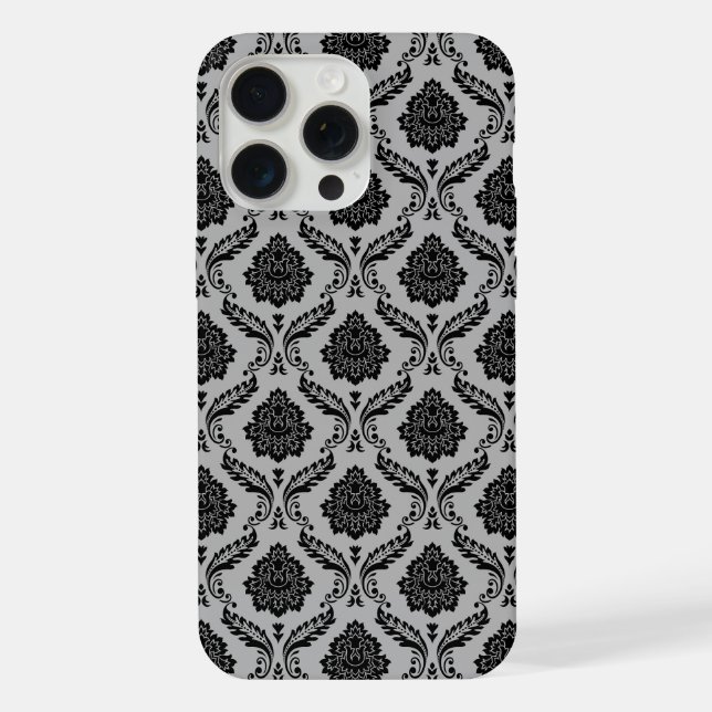 Funda Para iPhone Patrón de Damasco Rococó Negro sobre Gris (Reverso )