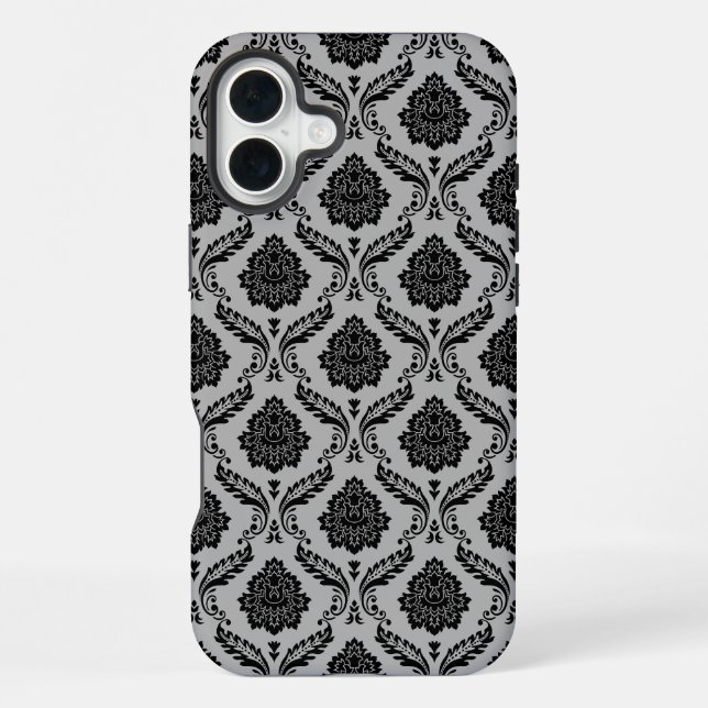 Funda Para iPhone Patrón de Damasco Rococó Negro sobre Gris (Reverso )