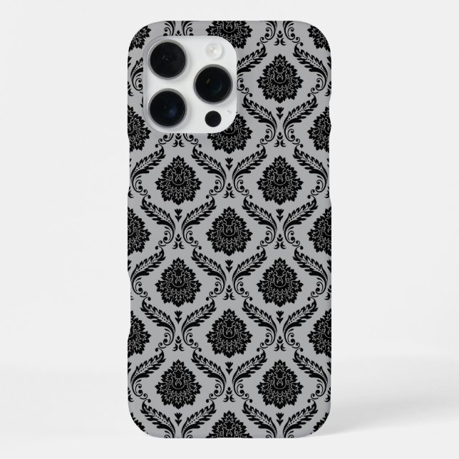 Funda Para iPhone Patrón de Damasco Rococó Negro sobre Gris (Reverso )