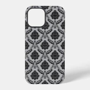 Funda Para iPhone 12 Pro Patrón de Damasco Rococó Negro sobre Gris