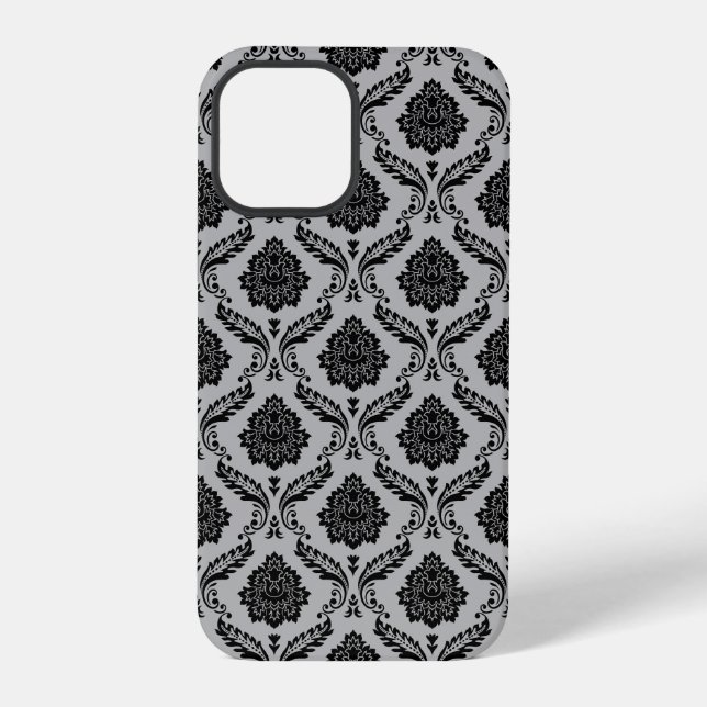 Funda Para iPhone Patrón de Damasco Rococó Negro sobre Gris (Reverso )