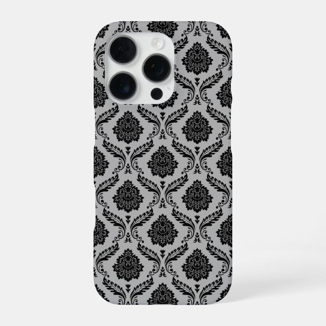 Funda Para iPhone Patrón de Damasco Rococó Negro sobre Gris (Reverso)