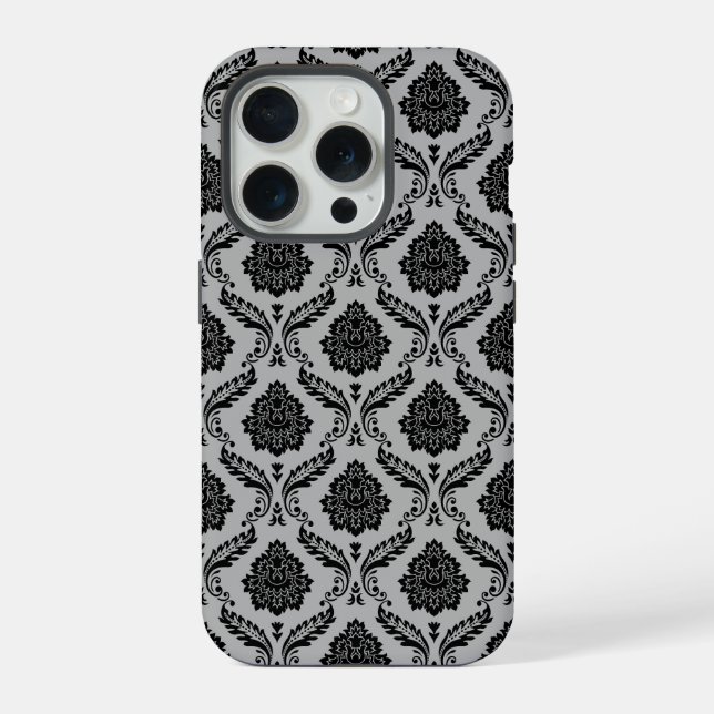 Funda Para iPhone Patrón de Damasco Rococó Negro sobre Gris (Reverso )