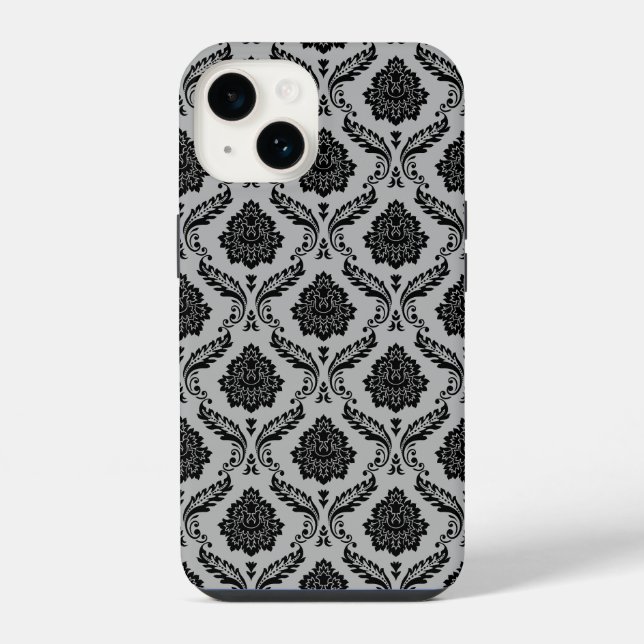Funda Para iPhone Patrón de Damasco Rococó Negro sobre Gris (Reverso )