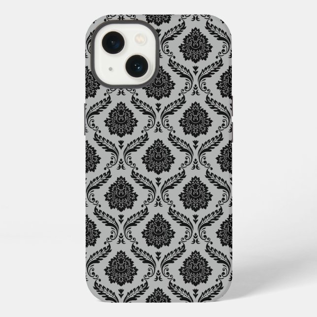 Funda Para iPhone Patrón de Damasco Rococó Negro sobre Gris (Reverso )