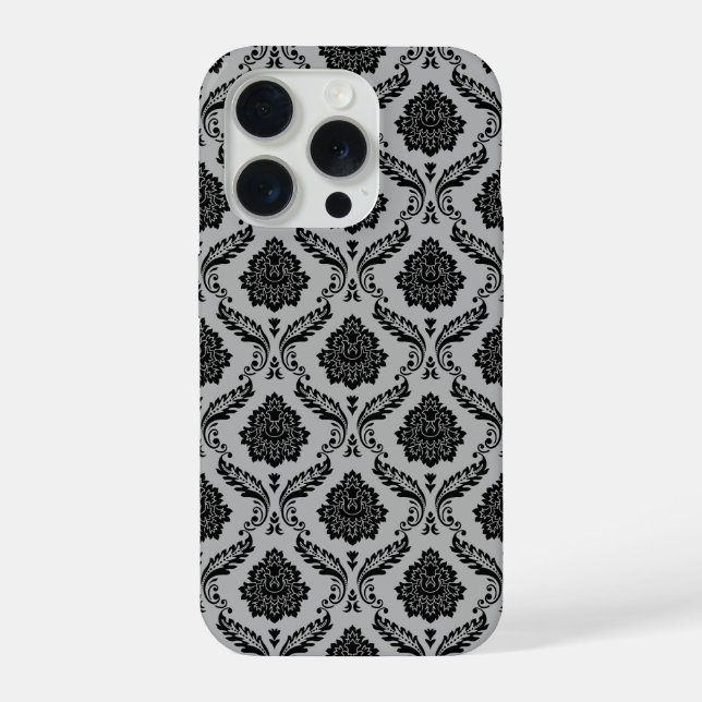 Funda Para iPhone Patrón de Damasco Rococó Negro sobre Gris (Reverso )