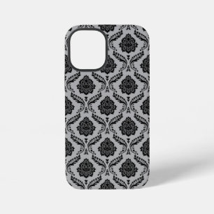 Funda Para iPhone 12 Mini Patrón de Damasco Rococó Negro sobre Gris
