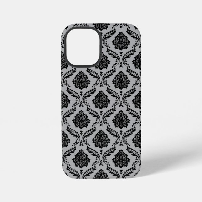 Funda Para iPhone Patrón de Damasco Rococó Negro sobre Gris (Reverso )