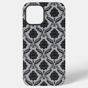 Funda Para iPhone 12 Pro Max Patrón de Damasco Rococó Negro sobre Gris