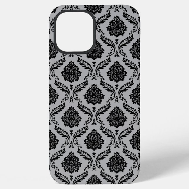 Funda Para iPhone Patrón de Damasco Rococó Negro sobre Gris (Reverso )
