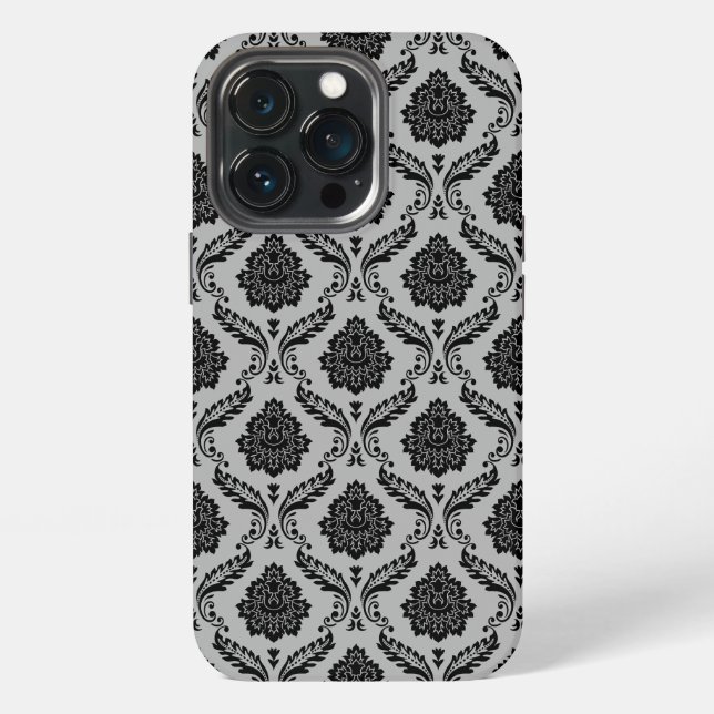 Funda Para iPhone Patrón de Damasco Rococó Negro sobre Gris (Reverso )