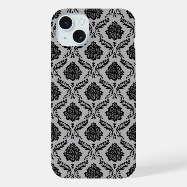 Funda Para iPhone Patrón de Damasco Rococó Negro sobre Gris (Reverso )
