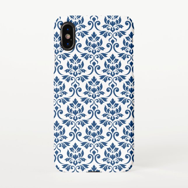 Funda Para iPhone Patrón de Damask de Feuille azul oscuro sobre blan (Reverso)