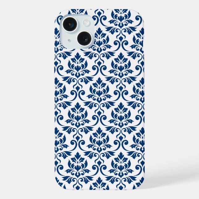 Funda Para iPhone Patrón de Damask de Feuille azul oscuro sobre blan (Reverso )