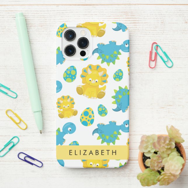 Funda Para iPhone Patrón De Dinosaurios, Dinosaurios Cutos, Tu Nombr (En el escritorio)