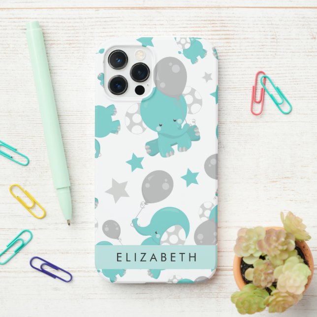 Funda Para iPhone Patrón De Elefantes Azules, Estrellas, Tu Nombre (En el escritorio)