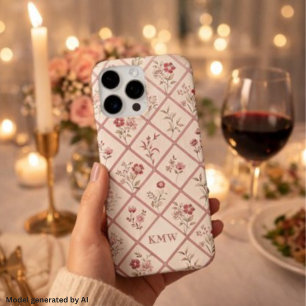 Funda Para iPhone 16 Pro Max Patrón de enrejado floral rosa vintage personaliza