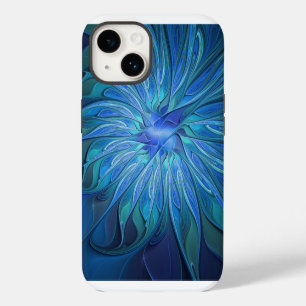 Funda Para iPhone 14 Patrón de fantasía de flor azul, arte fractal abst