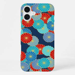 Funda Para iPhone 16 Plus Patrón de flores Art Decó - azul, turquesa y rojo