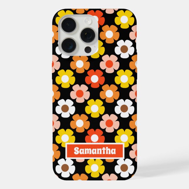 Funda Para iPhone Patrón de flores de otoño de moda retro negro (Reverso )