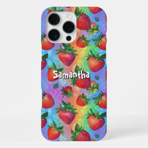Funda Para iPhone 16 Pro Max Patrón de Fresa Arcoíris con Nombre Personalizable