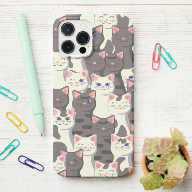 Funda Para iPhone Patrón de gatos blancos y grises (En el escritorio)