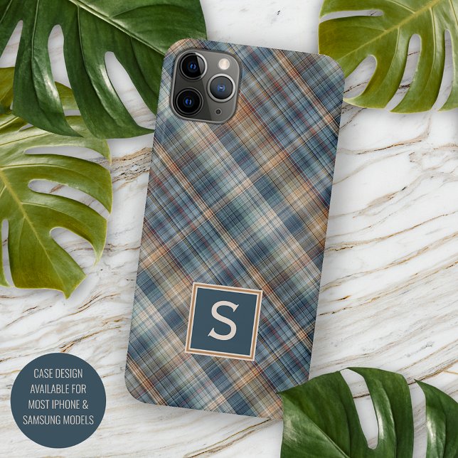 Funda Para iPhone Patrón de Gingham a cuadros azul beige marrón oscu (Subido por el creador)