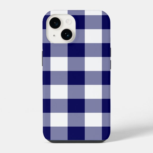 Funda Para iPhone Patrón de Gingham blanco y naval (Reverso )