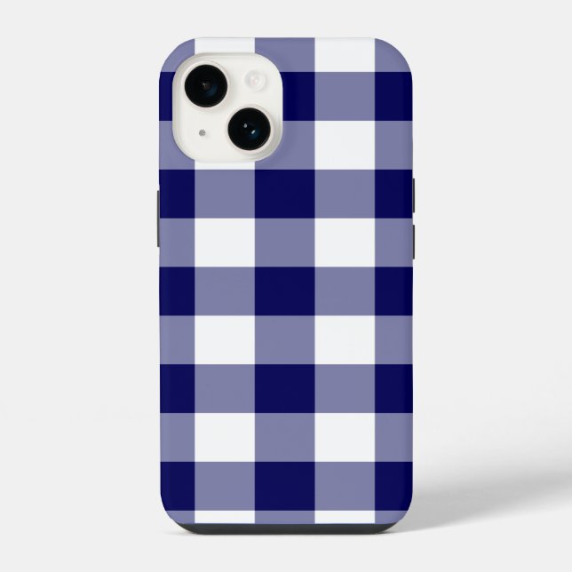 Funda Para iPhone Patrón de Gingham blanco y naval (Reverso )
