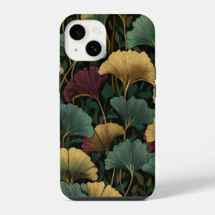 Funda Para iPhone 14 Patrón de hoja de Ginkgo Verde azulado Borgoña