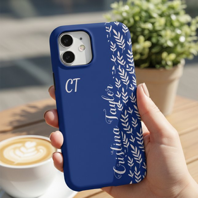 Funda Para iPhone Patrón de hoja rosa azul marino y Bush monogramado (Subido por el creador)