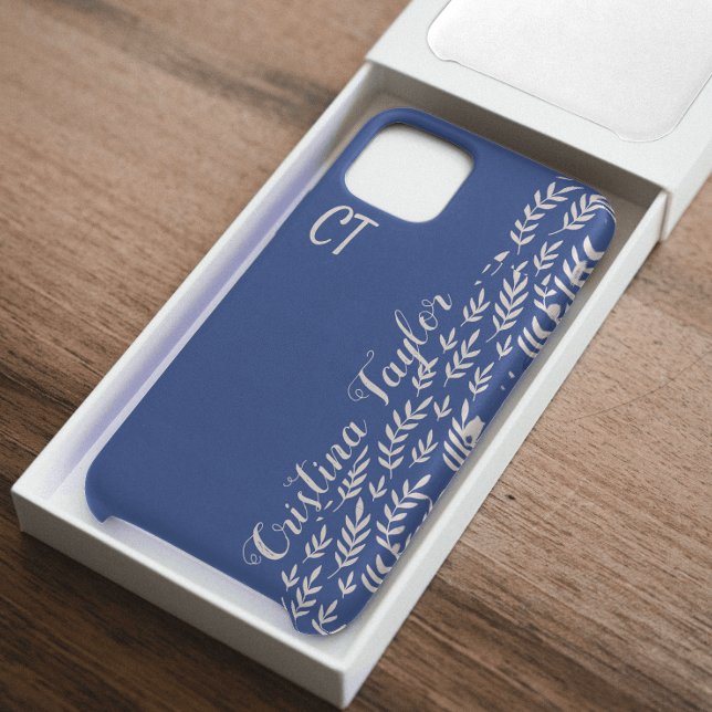 Funda Para iPhone Patrón de hoja rosa azul marino y Bush monogramado (Subido por el creador)