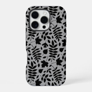 Funda Para iPhone 16 Pro Patrón de hojas caídas negro sobre gris