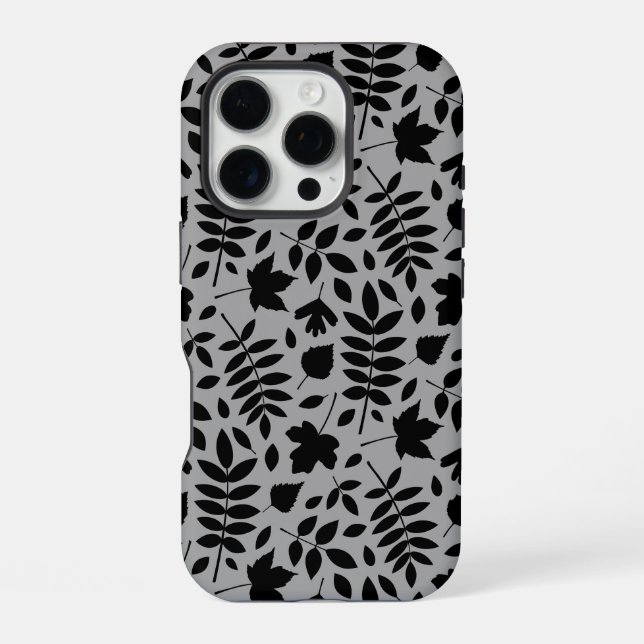 Funda Para iPhone Patrón de hojas caídas negro sobre gris (Reverso )