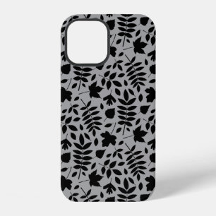 Funda Para iPhone 12 Patrón de hojas caídas negro sobre gris