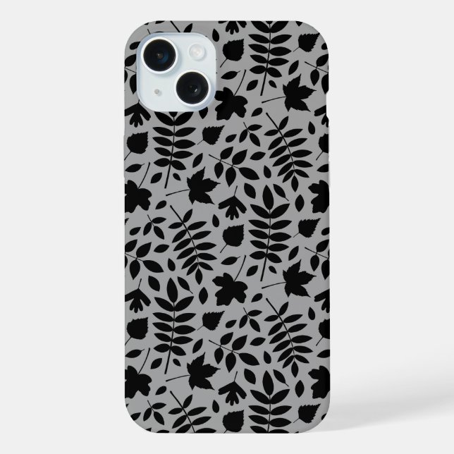 Funda Para iPhone Patrón de hojas caídas negro sobre gris (Reverso )